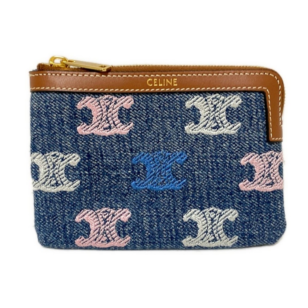 Celine Triomphe Coin Case 10C662GR9.14ML Navy Dark Brown Multi Denim Leather